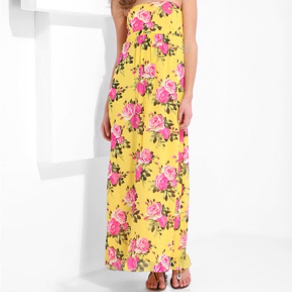 Stunning Betsy Johnson Yellow Pink Rose Strapless Maxi Dress, sz 2
